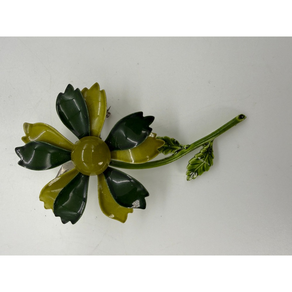 Vintage Green Enamel Flower Power Brooch Retro 60s 70s Large Floral Pin Stem